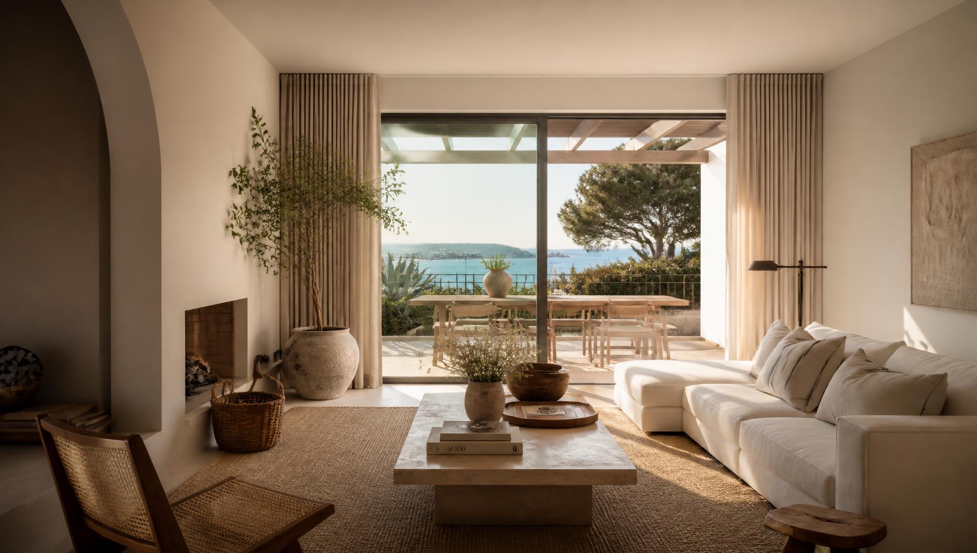 A sun-drenched minimalist villa interior in Cascais overlooking the Atlantic