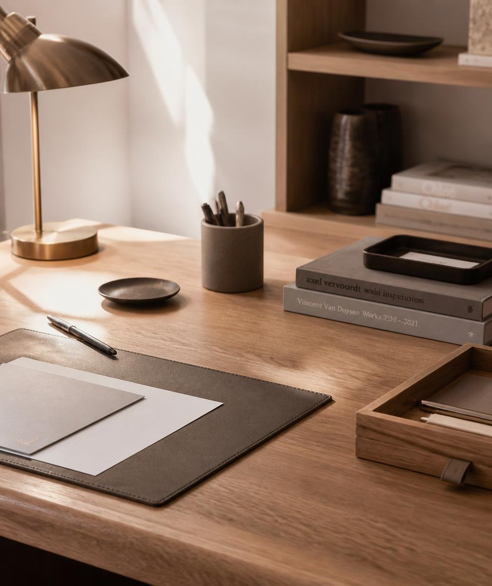 A perfectly organized high-end office desk in soft morning light